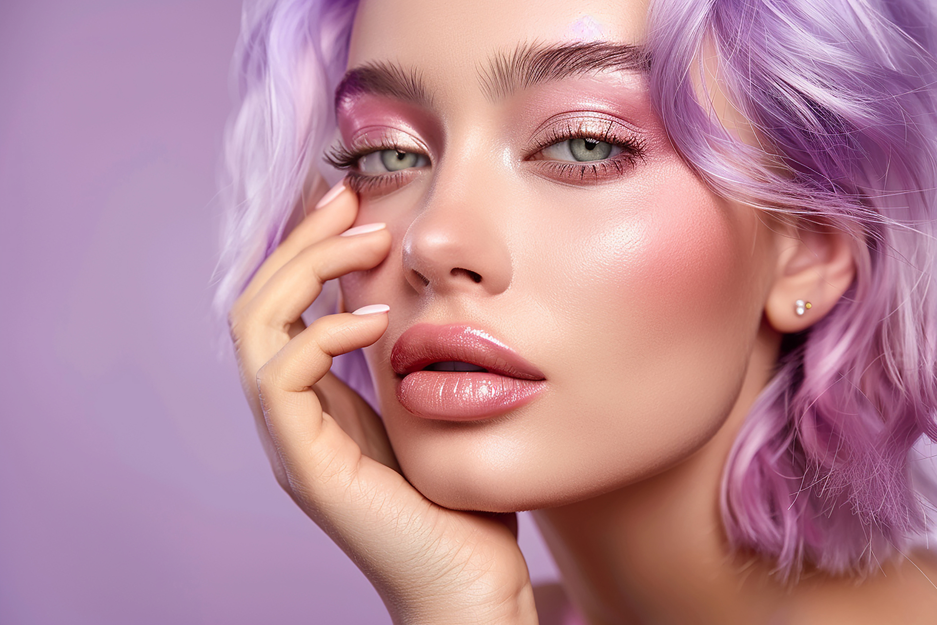 beautiful woman with purple hair pink makeup posing side her face