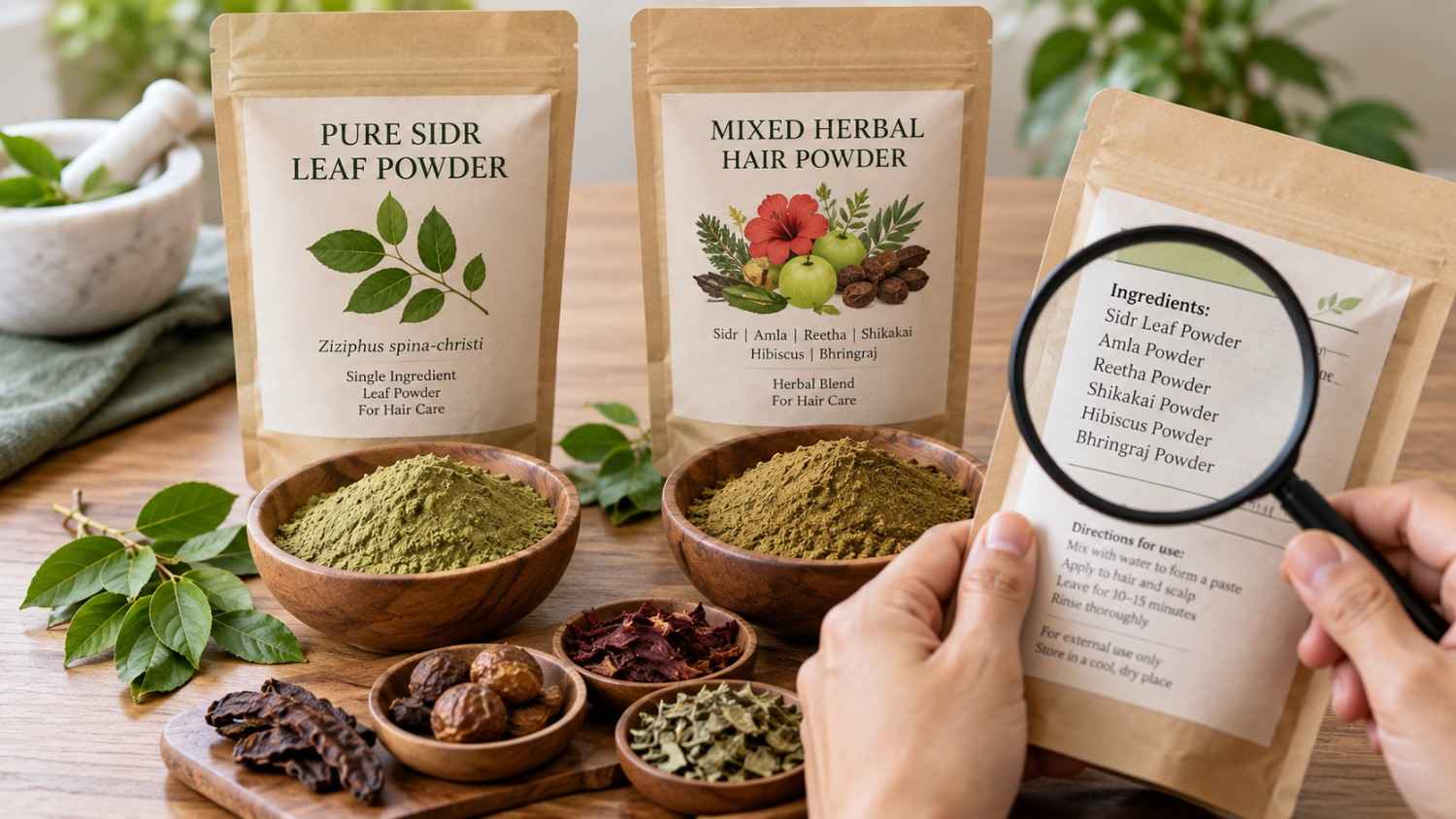 Checking botanical ingredient labels for pure Sidr leaf powder and mixed herbal hair mask powder