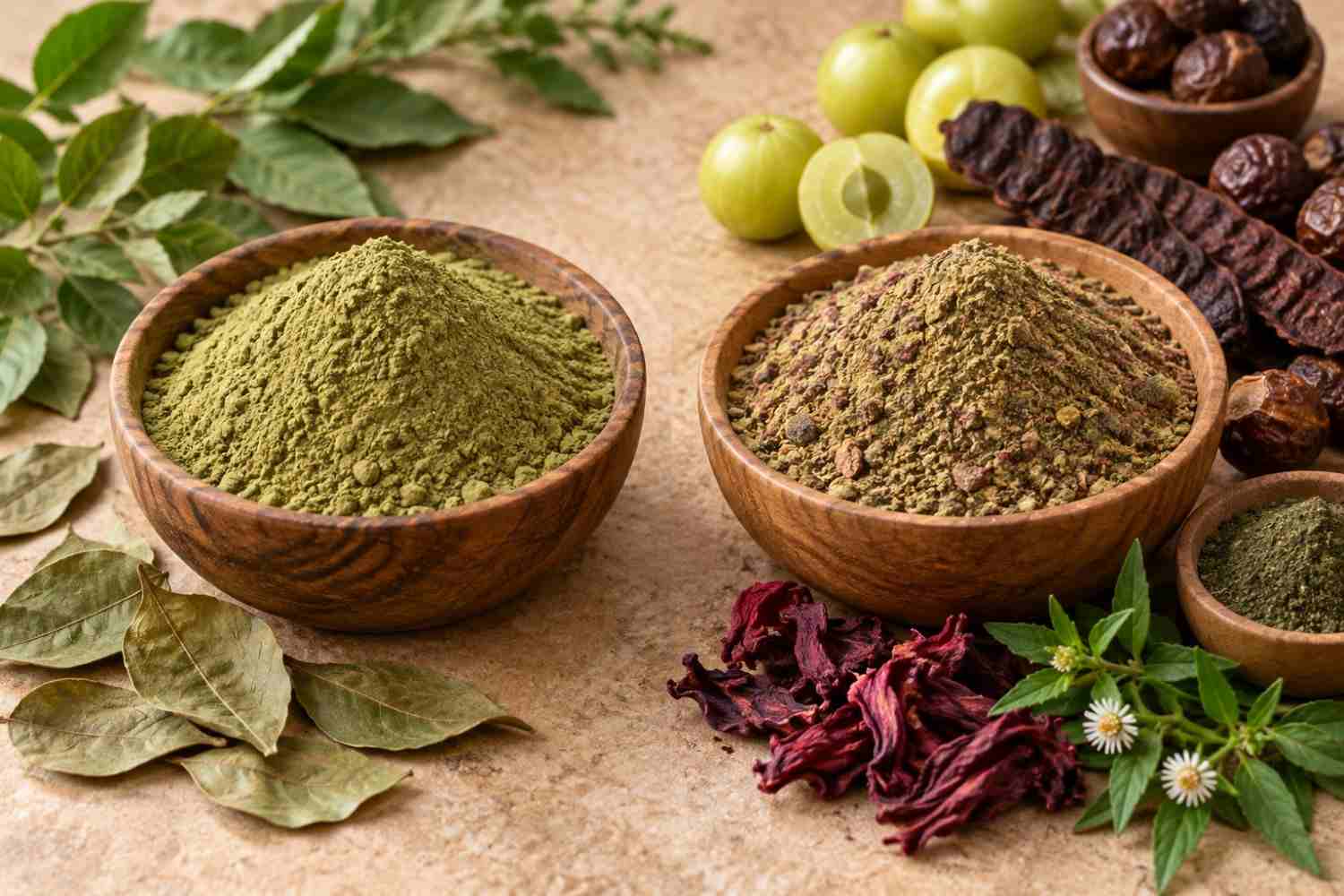 Pure Sidr leaf powder beside a mixed herbal hair care powder containing different botanical ingredients