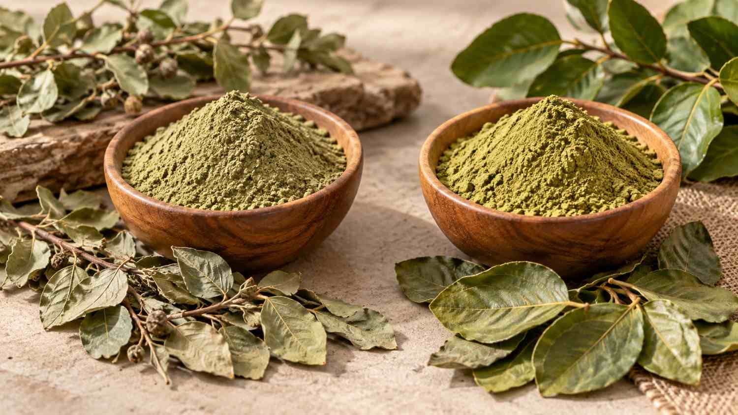 Two wooden bowls containing Sidr Powder and Ber Patti Powder with dried botanical leaves