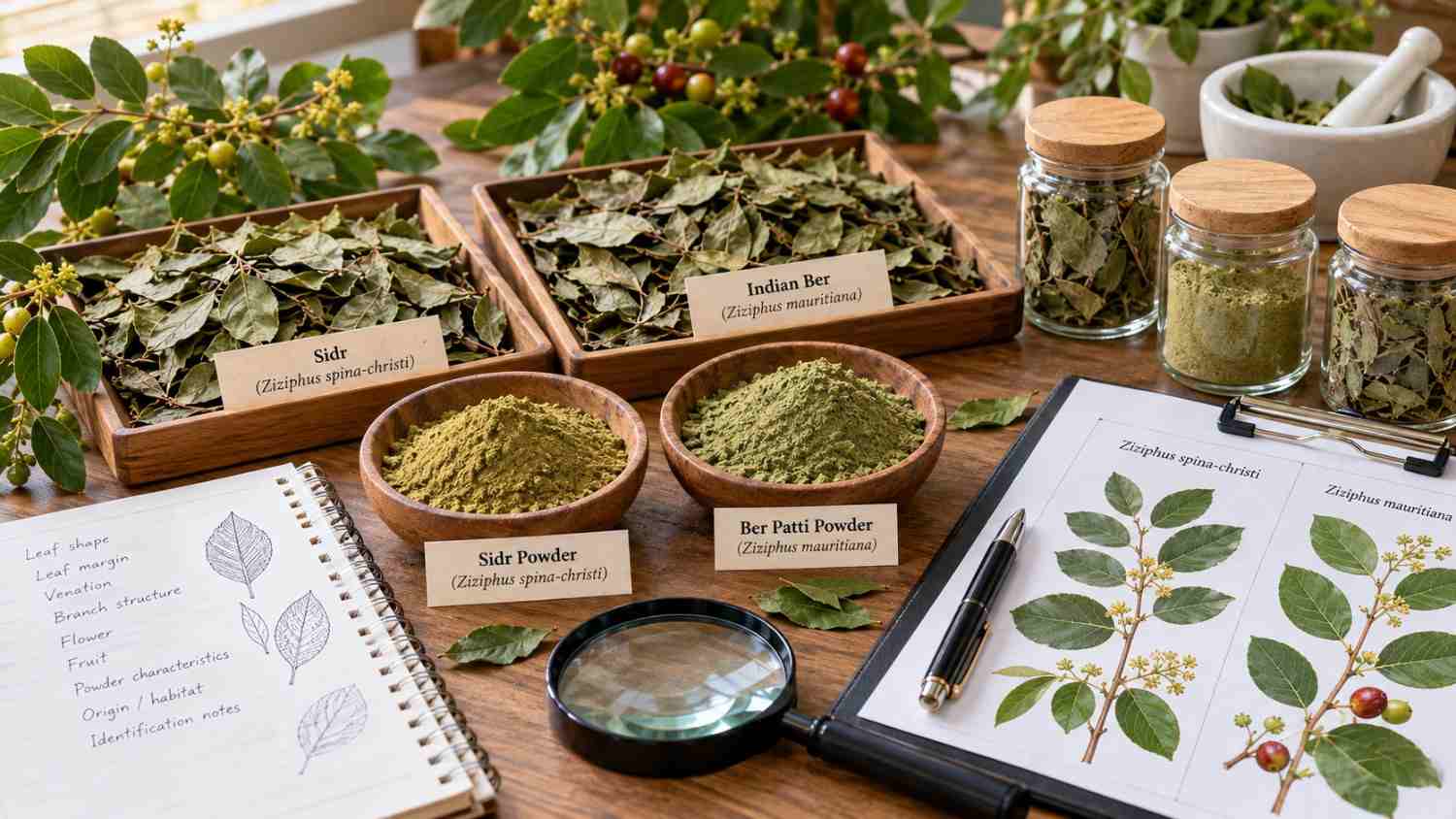 Botanical ingredient quality verification with dried Sidr and Indian Ber leaves, sample jars, magnifying glass and specification documents